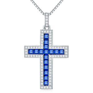 Sterling Silver Sapphire Cross Pendant Necklace for women-0