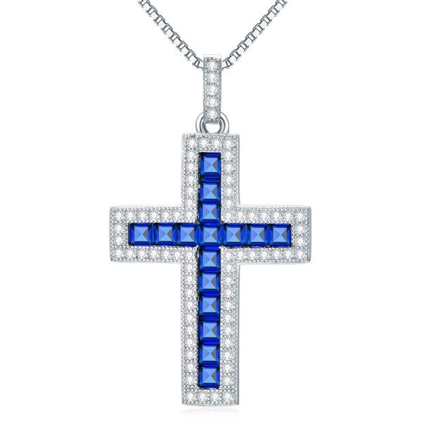 Sterling Silver Sapphire Cross Pendant Necklace for women-0