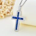 wholesale 925 Sterling Silver Blue Sapphire Cross Pendant Necklace for Women 30cm Long Chain-0-3