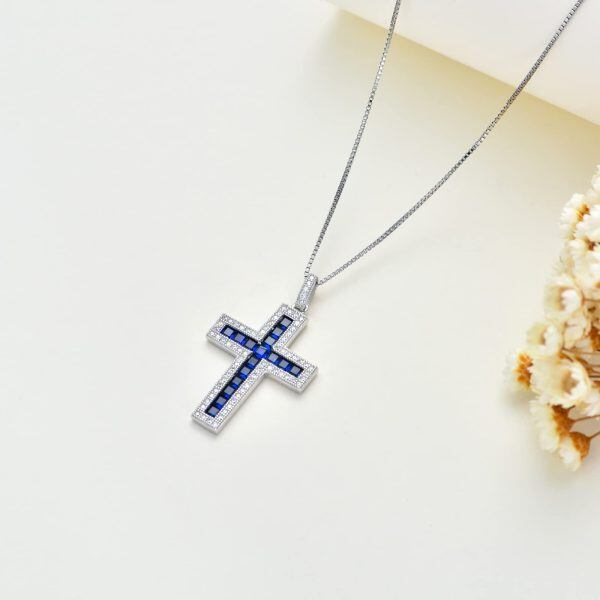 Sterling Silver Sapphire Cross Pendant Necklace for women-4