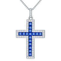 wholesale 925 Sterling Silver Blue Sapphire Cross Pendant Necklace for Women 30cm Long Chain- Rhodium Plated