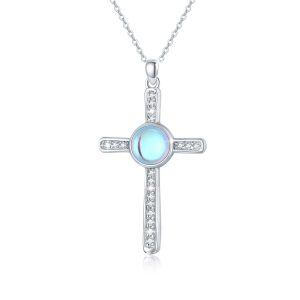 Sterling Silver Round Moonstone Cross Pendant Necklace for women-0