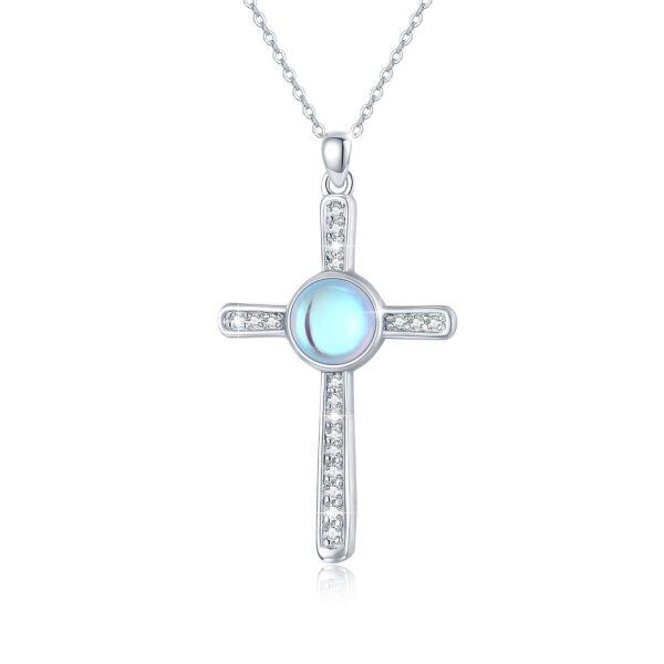 Sterling Silver Round Moonstone Cross Pendant Necklace for women-0