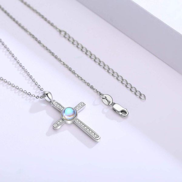 Sterling Silver Round Moonstone Cross Pendant Necklace for women-4