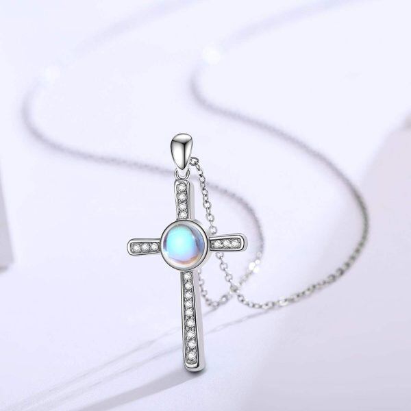 Sterling Silver Round Moonstone Cross Pendant Necklace for women-5