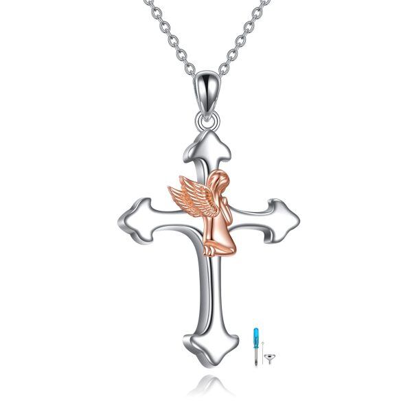 Sterling Silver Guardian Angel Cross Urn Necklace for women-0