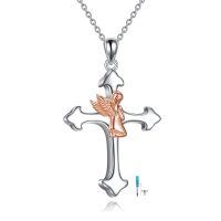 wholesale 925 Sterling Silver Metal Guardian Angel Cross Urn Pendant Necklace with Chain 24 - Baptismal & Memorial Jewelry- Rhodium And Rose Gold Plated