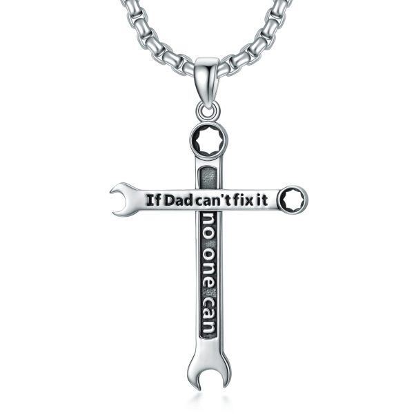 Sterling Silver Wrench Cross Pendant Necklace with Stainless Steel Chain for Dad-0