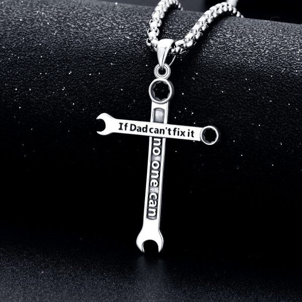 Sterling Silver Wrench Cross Pendant Necklace with Stainless Steel Chain for Dad-2