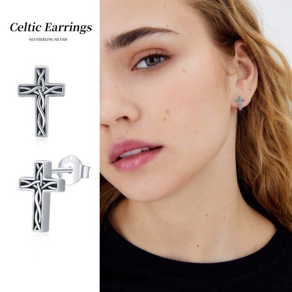 Sterling Silver Oxidized Celtic Knot Cross Stud Earrings for women for men-3