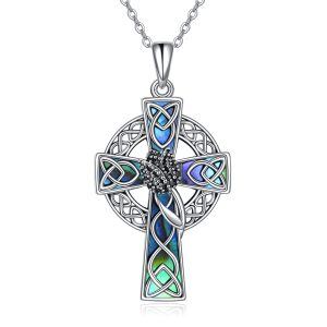 Sterling Silver Tulip Flower Cross Pendant Necklace with Abalone Shell for women-0