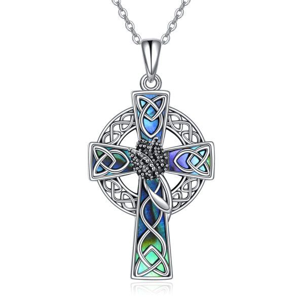 Sterling Silver Tulip Flower Cross Pendant Necklace with Abalone Shell for women-0