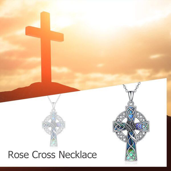 Sterling Silver Tulip Flower Cross Pendant Necklace with Abalone Shell for women-3