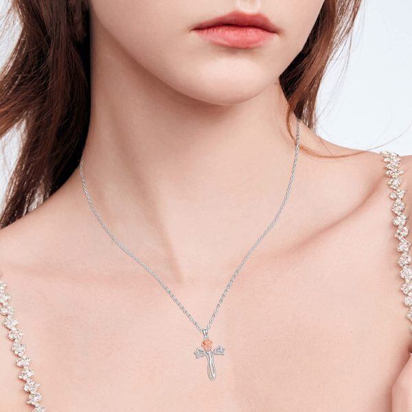 Sterling Silver Tulip Flower Cross Pendant Necklace for women-3