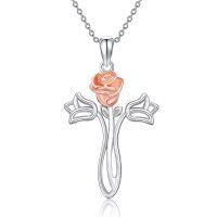wholesale 925 Sterling Silver & 18K Rose Gold Plated Flower Cross Necklace for Women Girls- Rhodium And Rose Gold Plated