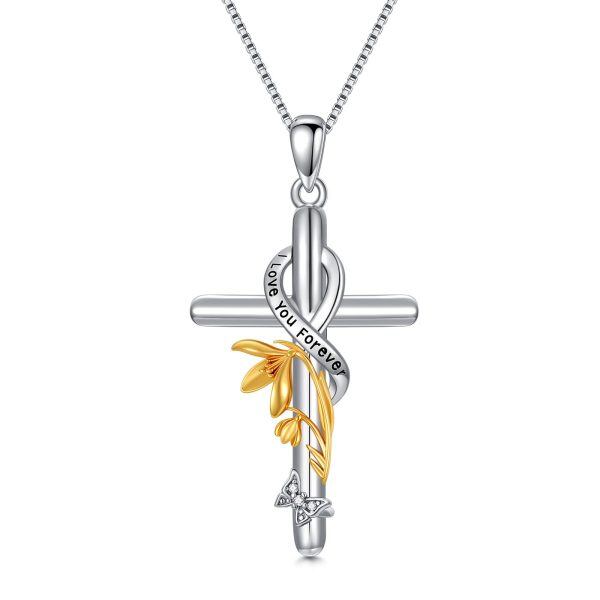 Sterling Silver Birth Flower Cross Pendant Necklace for women-0