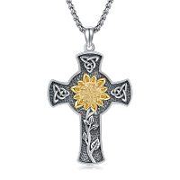 wholesale 925 Sterling Silver Cross Pendant Necklace with Gold Sunflower and Celtic Knots Design for Women Gifts- Rhodium And Gold Plated