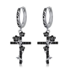 Sterling Silver Black Rose Flower Cross Dangle Earrings for women-0