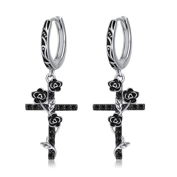 Sterling Silver Black Rose Flower Cross Dangle Earrings for women-0