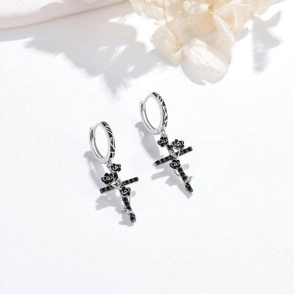 Sterling Silver Black Rose Flower Cross Dangle Earrings for women-2