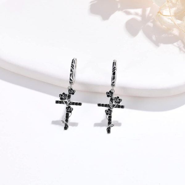 Sterling Silver Black Rose Flower Cross Dangle Earrings for women-3