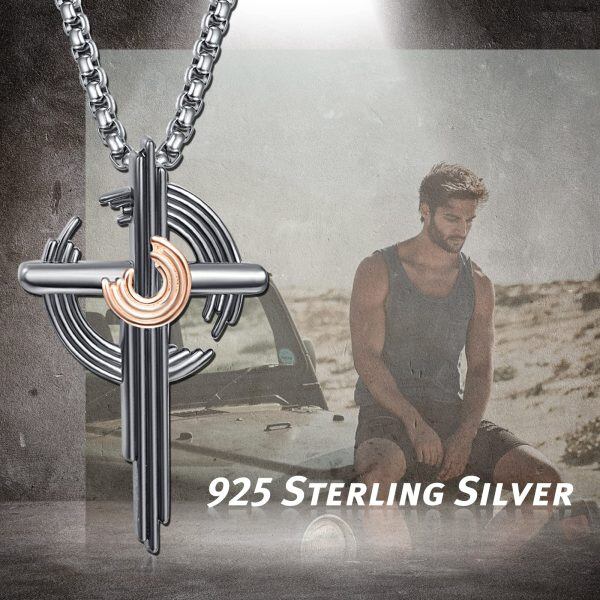 Sterling Silver Black Star Track Cross Pendant Necklace with Stainless Steel Chain for men-5