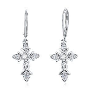 Sterling Silver Shining CZ Cross Dangle Earrings for women-0