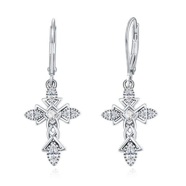 Sterling Silver Shining CZ Cross Dangle Earrings for women-0