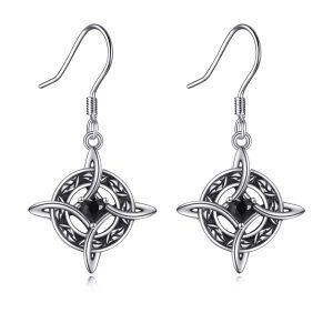 Sterling Silver Celtic Cross Dangle Earrings with Black CZ for women-0