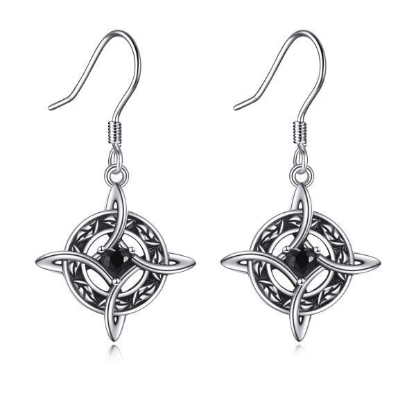 Sterling Silver Celtic Cross Dangle Earrings with Black CZ for women-0