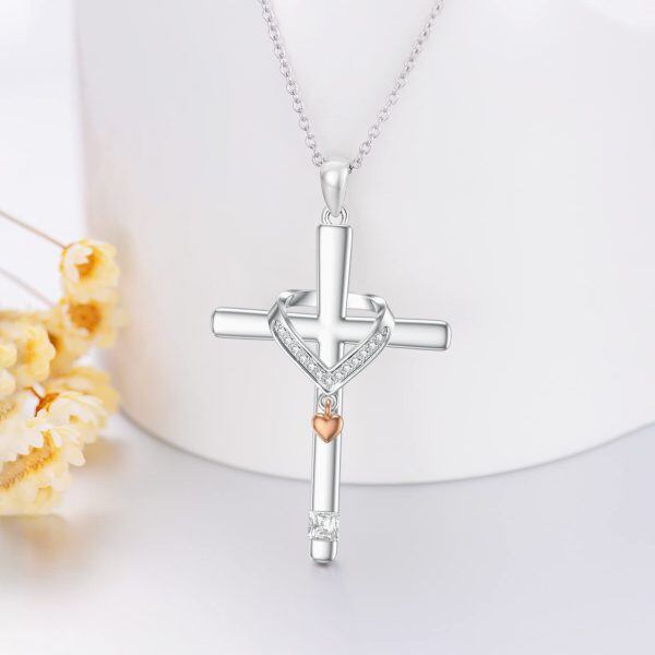 Sterling Silver Heart Cross Pendant Necklace for women-3