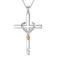 wholesale 925 Sterling Silver Women's Cross with Heart and Cubic Zirconia Pendant Necklace Gift for Her- Rhodium And Rose Gold Plated