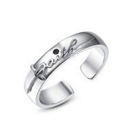 wholesale 925 Sterling Silver Faith Adjustable Ring with Black Stone - Lucky Protection Jewelry for Men & Women- US # 8
