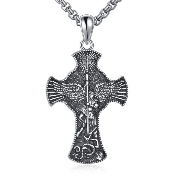 Sterling Silver Michael Cross Pendant Necklace with Stainless Steel Chain for men-0