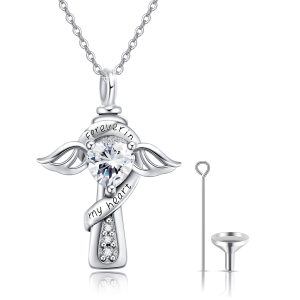 Sterling Silver Angel Wings Cross Urn Necklace with Heart CZ for women-0