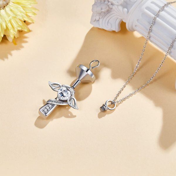 Sterling Silver Angel Wings Cross Urn Necklace with Heart CZ for women-4