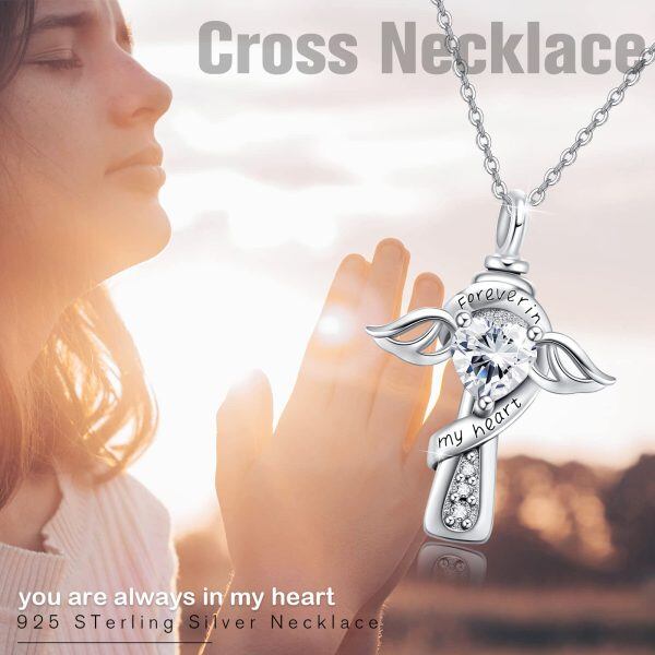 Sterling Silver Angel Wings Cross Urn Necklace with Heart CZ for women-5