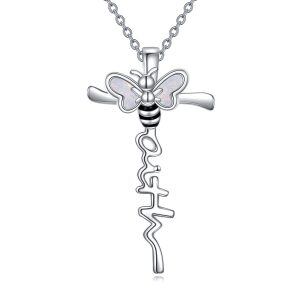 Sterling Silver Opal Bee Cross Pendant Necklace for women-0