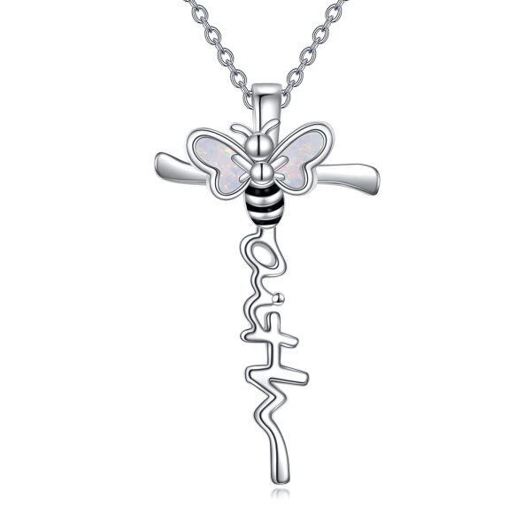 Sterling Silver Opal Bee Cross Pendant Necklace for women-0