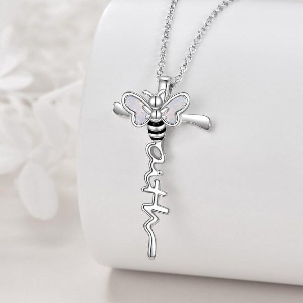 Sterling Silver Opal Bee Cross Pendant Necklace for women-3