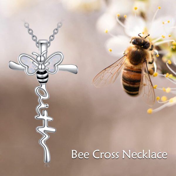 Sterling Silver Opal Bee Cross Pendant Necklace for women-5