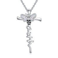 wholesale 925 Sterling Silver Bee Cross Pendant Necklace for Women Mom Wife Mother's Day Birthday Gift- Rhodium Plated