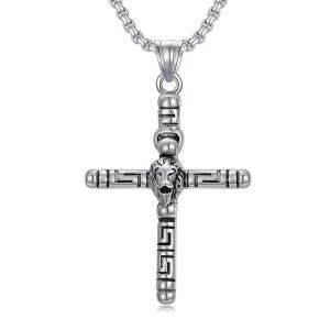 Sterling Silver Lion Head Cross Pendant Necklace with Stainless Steel Chain for men-0