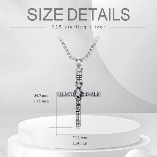 Sterling Silver Lion Head Cross Pendant Necklace with Stainless Steel Chain for men-1