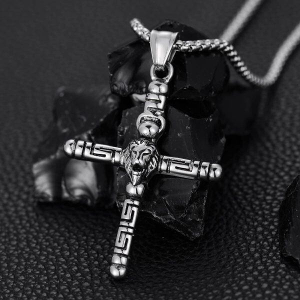 Sterling Silver Lion Head Cross Pendant Necklace with Stainless Steel Chain for men-3