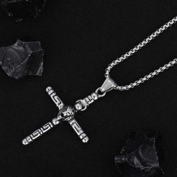 Sterling Silver Lion Head Cross Pendant Necklace with Stainless Steel Chain for men-4