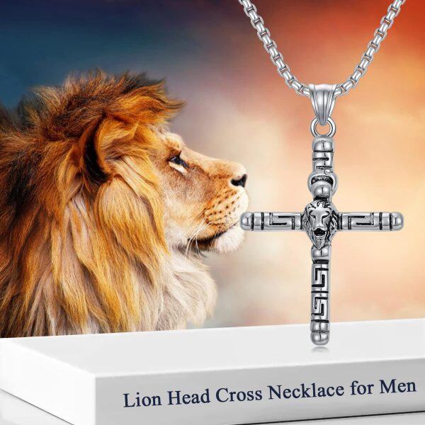 Sterling Silver Lion Head Cross Pendant Necklace with Stainless Steel Chain for men-5