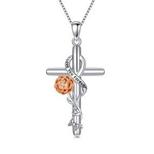 Sterling Silver Birth Flower Peony Cross Pendant Necklace for women-0