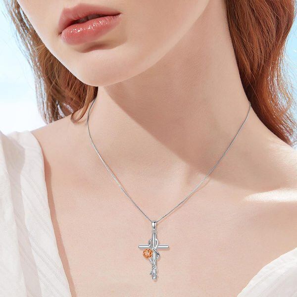 Sterling Silver Birth Flower Peony Cross Pendant Necklace for women-2