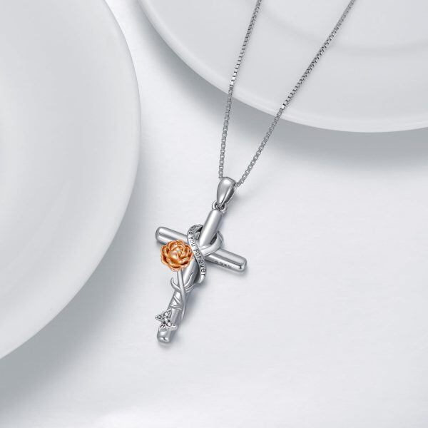 Sterling Silver Birth Flower Peony Cross Pendant Necklace for women-4